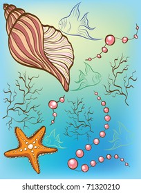 sea background with fishes, pearls and shell