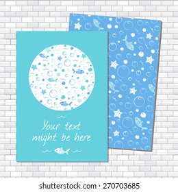 Sea background with fishes and starfishes. Set invitation cards for summer or beach party. Sea branding design. Greeting vertical banner.  Vector