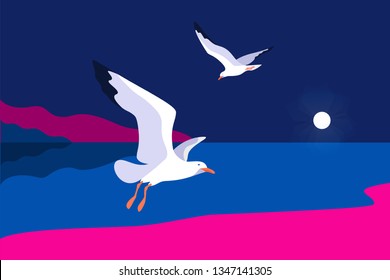 Sea background with gulls. Sea coast, night, sky, moon and flaying seagulls. Vector illustration