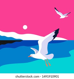 Sea background with gulls. Sea coast, noon, sky, sun, flying seagulls. Vector illustration