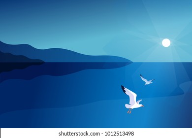 Sea background with gulls. Sea coast, sunny day, gulls. Vector illustration