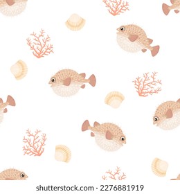 Sea background. Hedgehog fish, corals and seashells seamless pattern. Vector cartoon flat illustration of underwater life.