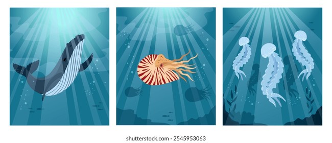 Sea background with humpback whale, nautilus, jellyfish. Greeting card or banner template. 