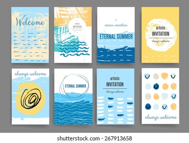 Sea background. Invitation. Card with ink grunge texture. Summer background. Vintage creative cards. Hand drawn textures made with Ink. Retro patterns for Posters, Flyers and Banner Designs 