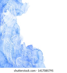 Sea background with jellyfish, blue watercolor element and place for text. Vector. Invitation, greeting card or an element for your design. Vertical composition.