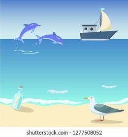 Sea background with jumping dolphins, sail boat, bottle and seagull