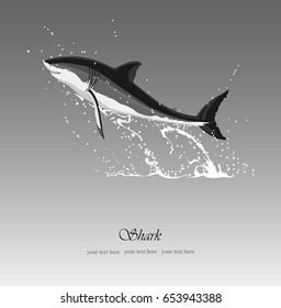 Sea background with jumping out of the water shark, vector illustration