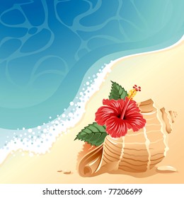 Sea background with large shell and hibiscus