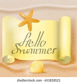 Sea Background with Lettering Hello Summer. Vector Illustration