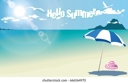 Sea Background with Lettering Hello Summer. Vector Illustration