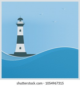 Sea background with lighthouse and waves. Marine vector illustration.