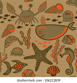 Sea background, marine vector seamless pattern with fish, crab,seaweed, starfish, seahorse