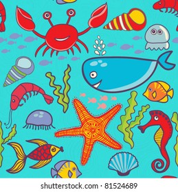 Sea background, marine vector seamless pattern with fish, crab,seaweed, starfish, seahorse