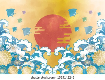 Sea background material, tsunami, watercolor material