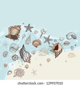 Sea background. Oceanside, Seashells on the sand. Hand drawn vector illustration.