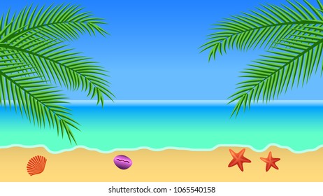 Sea background with sea, palm trees, sand, sky, starfish and seashells to decorate banners, leaflets, booklets. Vector illustration.