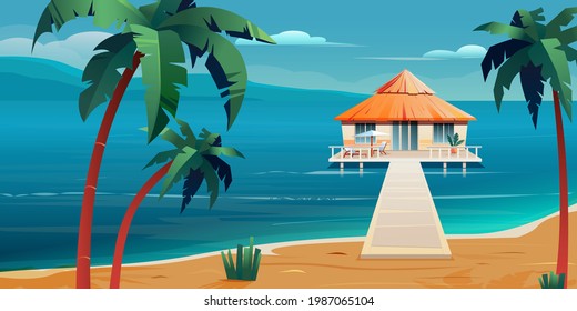 Sea background with palms and bungalow.  Wooden house with terrace on piles.  House on the water with a thatched roof.  Tropical summer landscape.  Vector Illustration