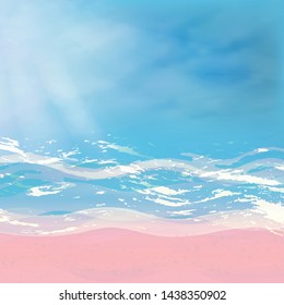 Sea background with pink sand on blue sky background. Vector illustration.