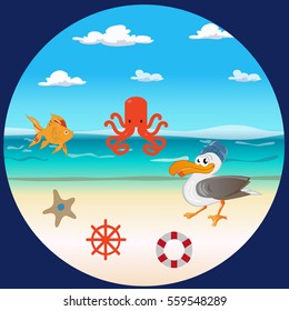 sea background: sea, sand, beach, Pelican, fish, starfish, octopus