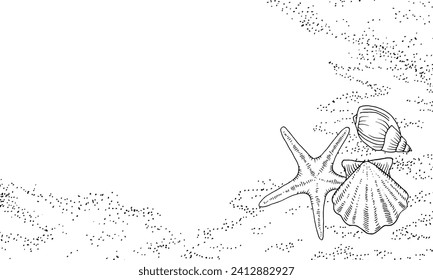 Fondo marino con arena y conchas. Ilustración del contorno del vector. Marco rectangular nautico dibujado a mano. Dibujo lineal de la playa con pez estrella. Arte de línea negra de la orilla del océano. Plantilla de tarjeta de vacaciones.