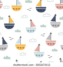 Sea background seamless pattern with sailboats with clouds The design is for prints, backgrounds, wallpapers, children's clothing, textiles, vector illustrations
