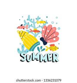 Sea background with shells, fish and sea plants and text - summer, isolated on white background. Vector illustration.