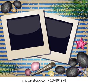 Sea background with shells and photos frame