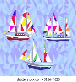 Sea background with ships.Hand drawn elements for summer holidays. Travel, marin, yachts, ocean and beach. Vector Illustration