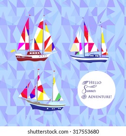 Sea background with ships.Hand drawn elements for summer holidays. Travel, marin, yachts, ocean. Vector Illustration