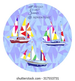 Sea background with ships.Hand drawn elements for summer holidays. Travel, marin, yachts, ocean. Vector Illustration