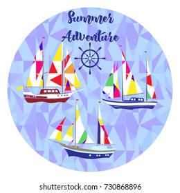 Sea background with ships.Hand drawn elements for summer holidays. Travel, marin, yachts, ocean. Vector Illustration