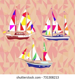 Sea background with ships.Hand drawn elements for summer holidays. Travel, marin, yachts, ocean. Vector Illustration