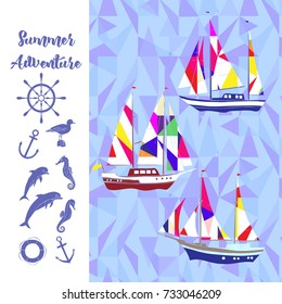 Sea background with ships.Hand drawn elements for summer holidays. Travel, marin, yachts, ocean. Vector Illustration