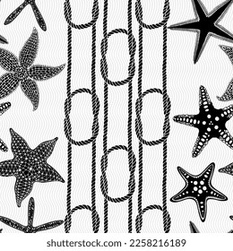 Sea background with starfish and nautical knots. Vector. Perfect for design templates, wallpaper, wrapping, fabric and textile. Black and white.