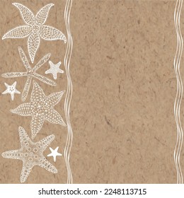 Sea background with starfish and place for text on kraft paper. Vector. Invitation, greeting card or an element for your design. Vertical composition.