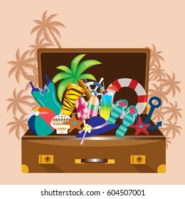 sea background: suitcase with beach accessories