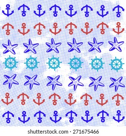 Sea background texture with anchor, starfish and steering wheel, vector illustration