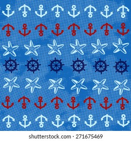 Sea background texture with anchor, starfish and steering wheel, vector illustration