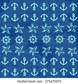 Sea background texture with anchor, starfish and steering wheel, vector illustration