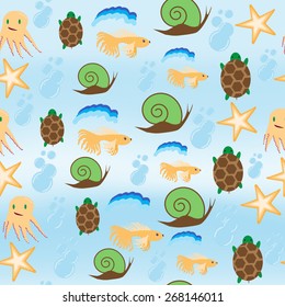 Sea background. Turtle. Octopus. bubbles. Snail. Fish. Pattern