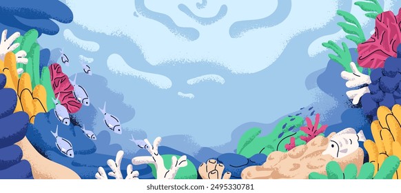 Sea background, underwater landscape. Marine life, coral reef, seabed, fish and seaweed. Tropical under water environment, aquatic flora and fauna. Deep ocean ecosystem. Flat vector illustration