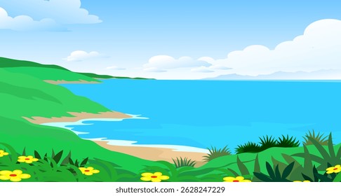 Sea Background Vector Design, Cartoon Island Background Illustration, Green land, flowers, clouds, sky, sea background vector