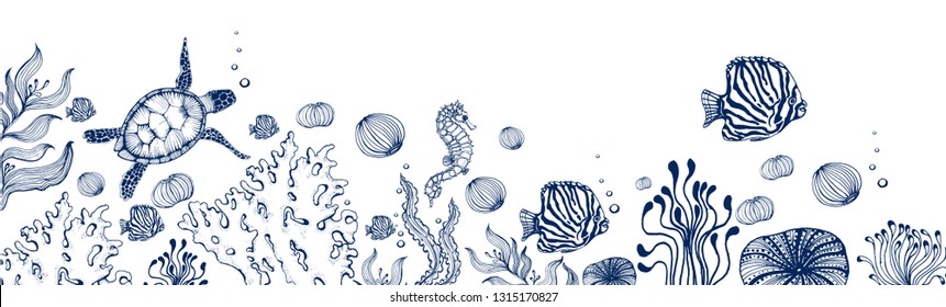 sea background, vector, hand drawing, turtle, jellyfish corals, fish