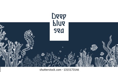 sea background, vector, hand drawing, turtle, jellyfish corals, fish, seahorse