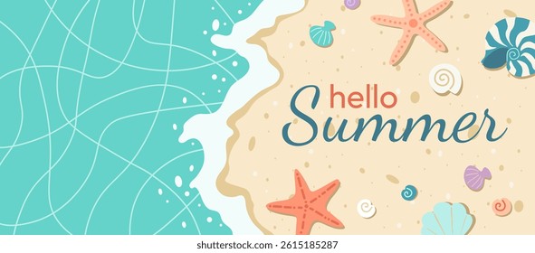Sea background. Vector illustration of summer beach with seashells, starfish, scallop in flat style. Nature landscape with top view.