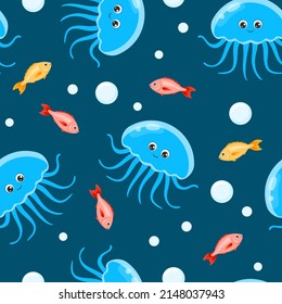 Sea background. Vector seamless pattern with cute cartoon characters. Funny blue jellyfish and bright fish. Underwater life illustration.	