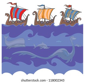 Sea background with Viking ships and sea creatures. Seamless pattern.