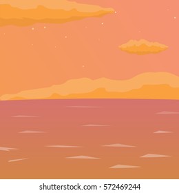 Sea background with waves and clouds. Vector flat illustration