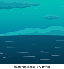 Sea background with waves and clouds. Vector flat illustration