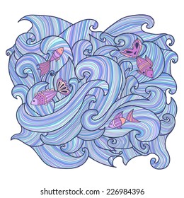Sea background with waves and fish